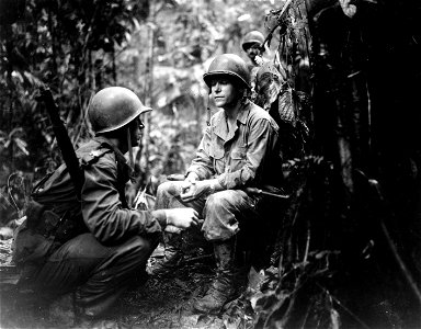 SC 329697 - Maj. Charles Davis, left, CO, 3rd Bn., 27th Inf., conferring with Gen. J. Lawton Collins, CO, 25th Div. New Guinea. 14 August, 1943.