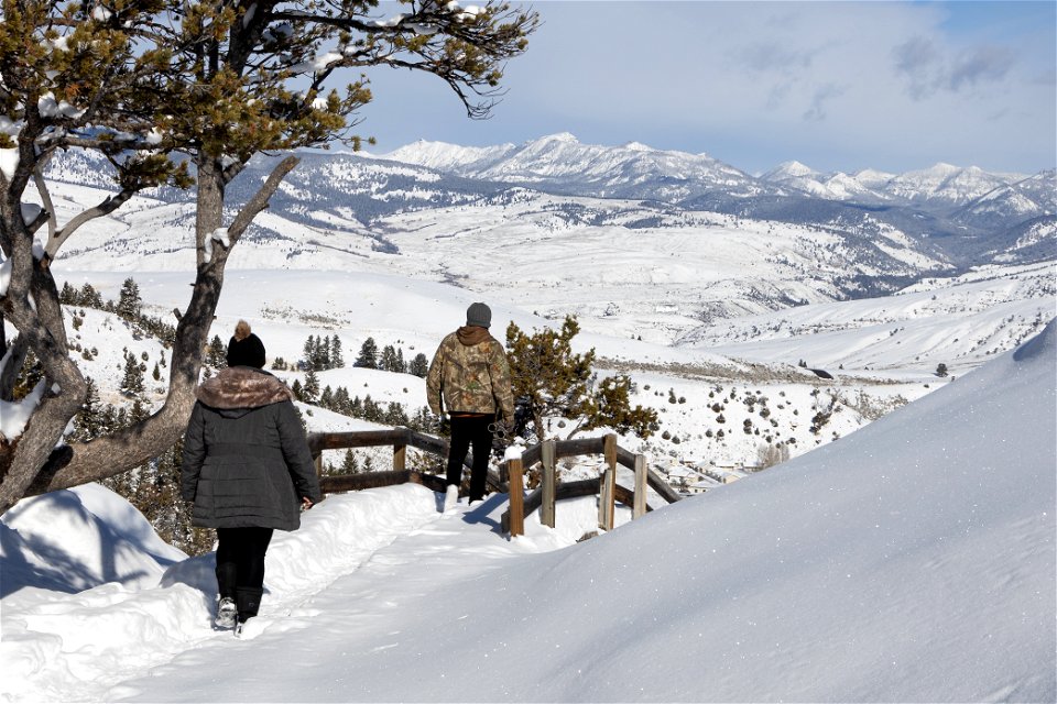 Visitors explore a snowy boardwalk in Mammoth Hot Springs (1) photo