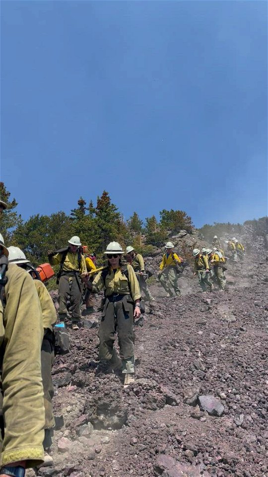Flagstaff Hotshots Hike down to the fireline on The Pipeline Fire