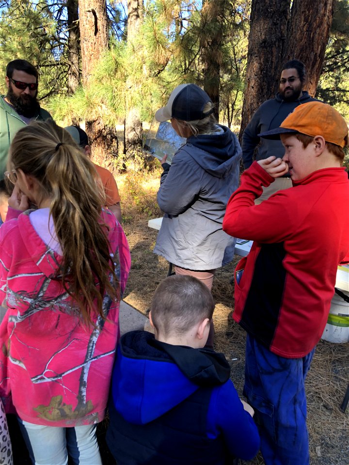 A group of kids learn about forest science at an Every Kid Outdoors Field Day