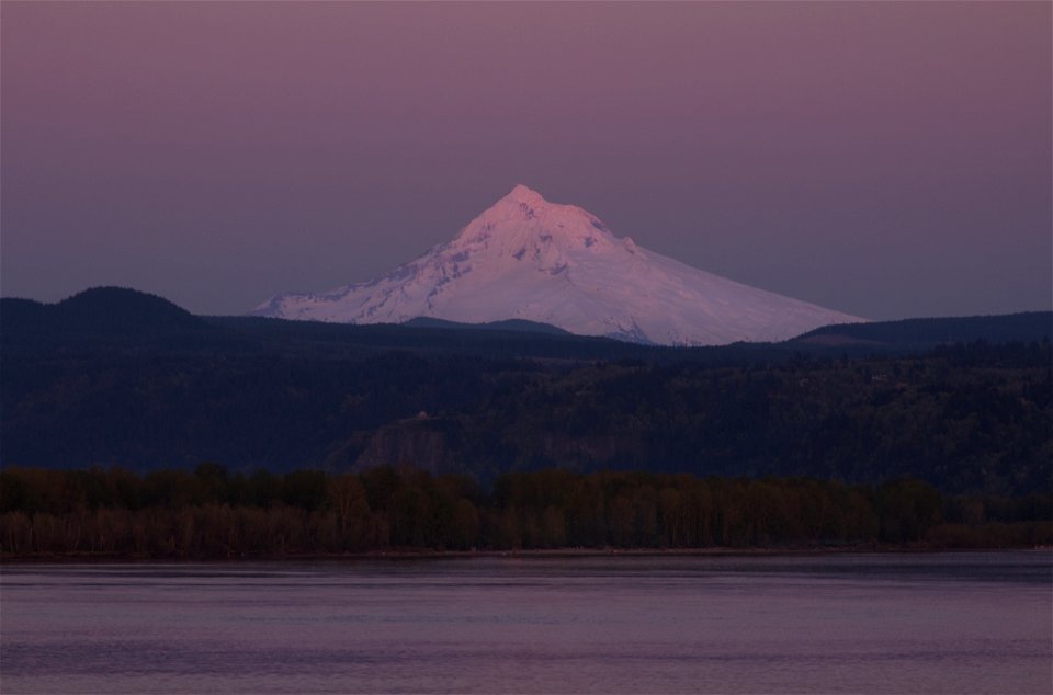 Mt Hood, Oregon at sunset across the Columbia River.