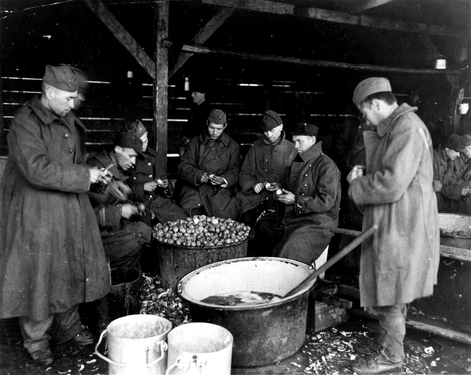 SC 405028 - Russians in German prisoner of war camp seized by 117th Regiment of 30th Division, 9th U.S. Army.