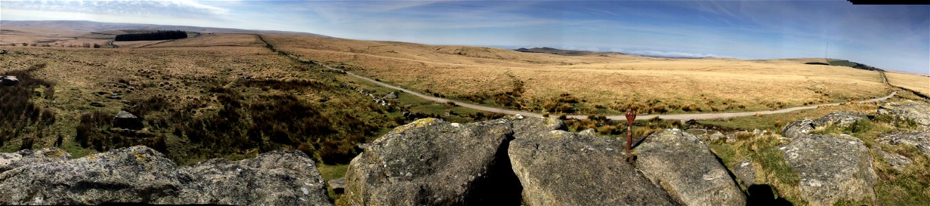 Perambulation Marker Point ( Excalibur / Cobra Legend ) , South Hessary Tor, Princetown, Dartmoor National Park, Devon, UK. 16th April 2022 (Apple Ipod Panoramic Photo)