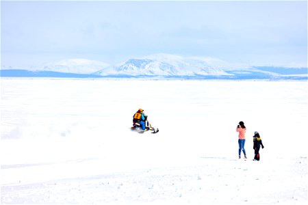 At the start of the women's snowmachine race in Kotzebue.