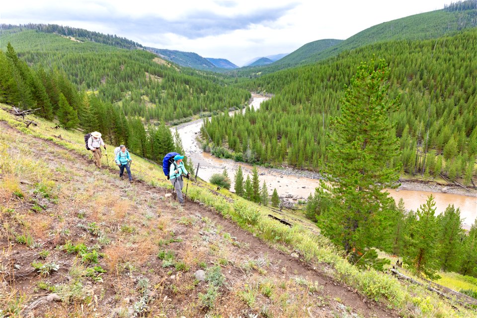 Backpackers along Lamar River Trail near the confluence of Miller Creek