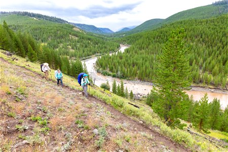 Backpackers along Lamar River Trail near the confluence of Miller Creek photo