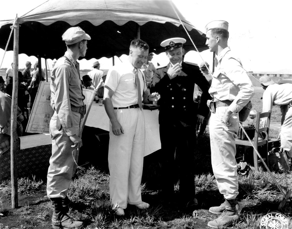 SC 405055 - Col. Gerald R. Johnson, Mr. Merkuriov of Russian Embassy, Capt. L.R. Ivanov, Secretary of the Naval Attache to the embassy of the USSR, and Maj. Fabian Bowers, interpreter of Advance Party.
