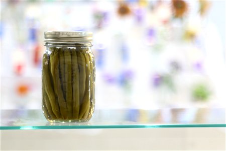 Home canned green beans on display photo