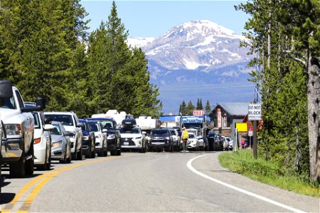Yellowstone south loop reopens, West Entrance June 22, 2022: lines into West Yellowstone, MT (2) photo