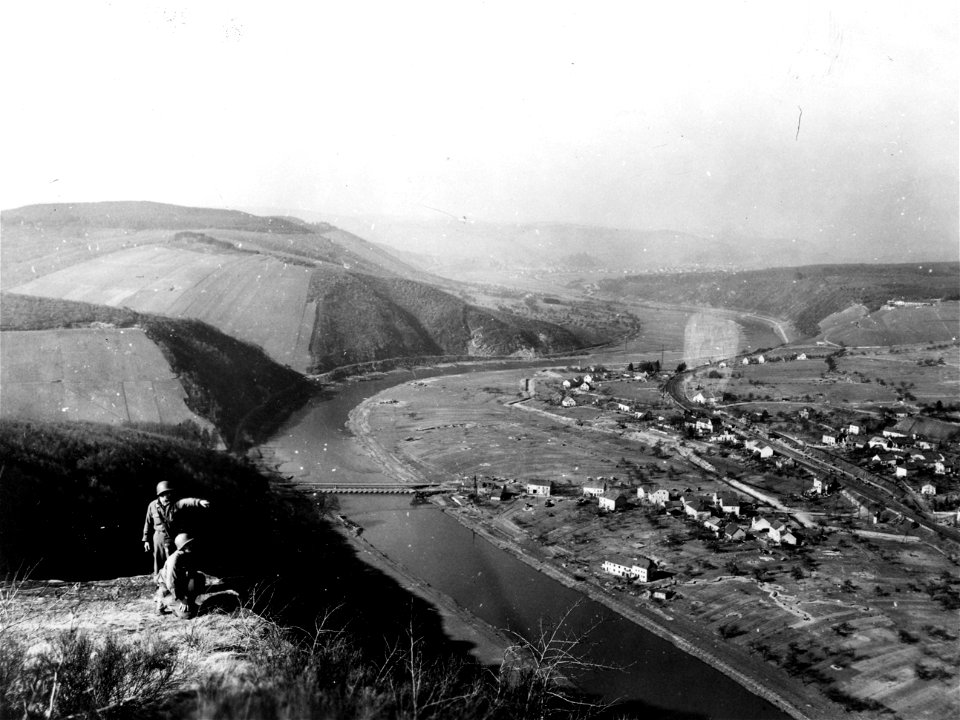 SC 336803 - Panoramic view of upper Saar River Valley, taken from U.S. Third Army observation post on heights overlooking Serrig, Germany. 15 March, 1945. photo