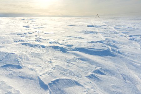 Snowmachine tracks along a winter trail route.