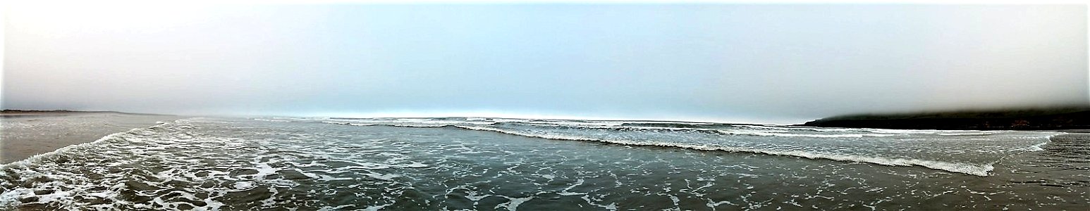 IMG_20220507_061040  Sea Mist, Daybreak, Saunton Sands Beach, Braunton, North Devon , UK. 7th May 2022 ( Nokia 3.1 Panoramic Photo)