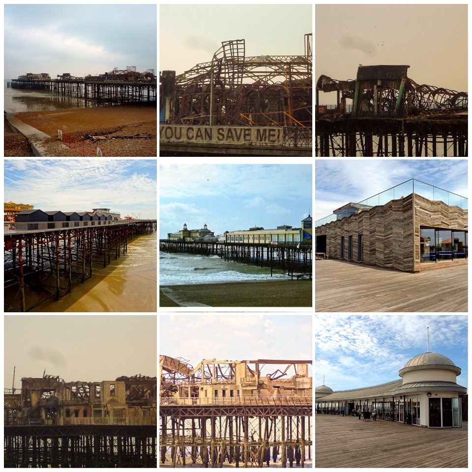 Hastings Pier. Before the fire. After the fire and new rebuild.
