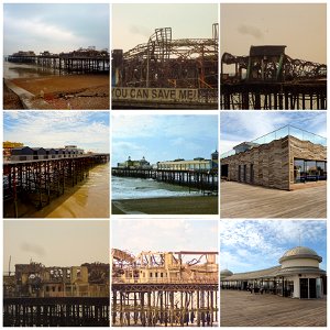 Hastings Pier. Before the fire. After the fire and new rebuild.