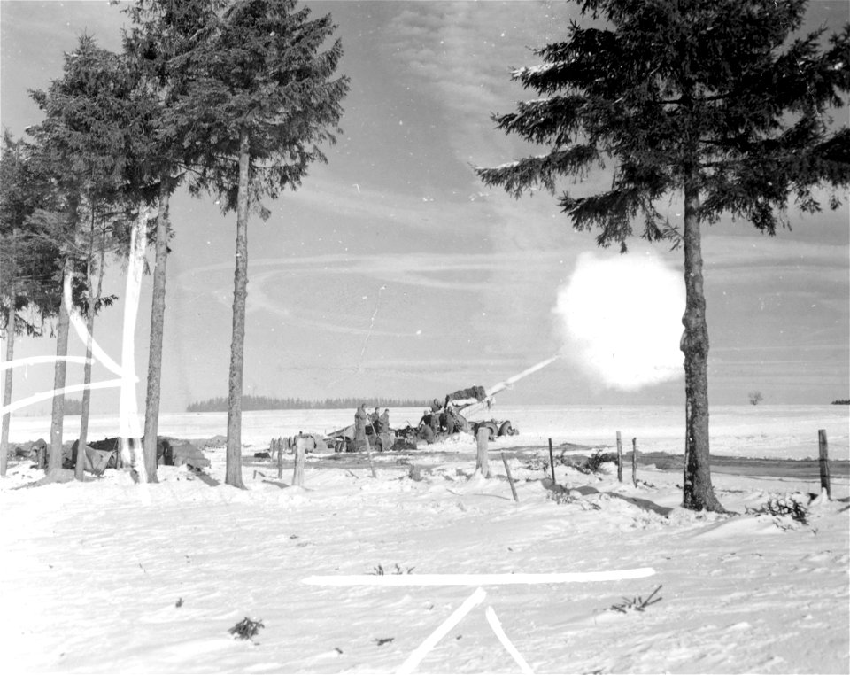 SC 199101 - A 155mm Long Tom rifle hurls a projectile at German positions near Hebronval, Belgium.