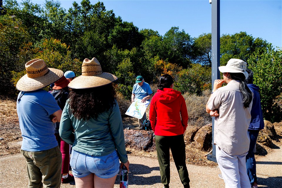 Crowd gathers for guided walk