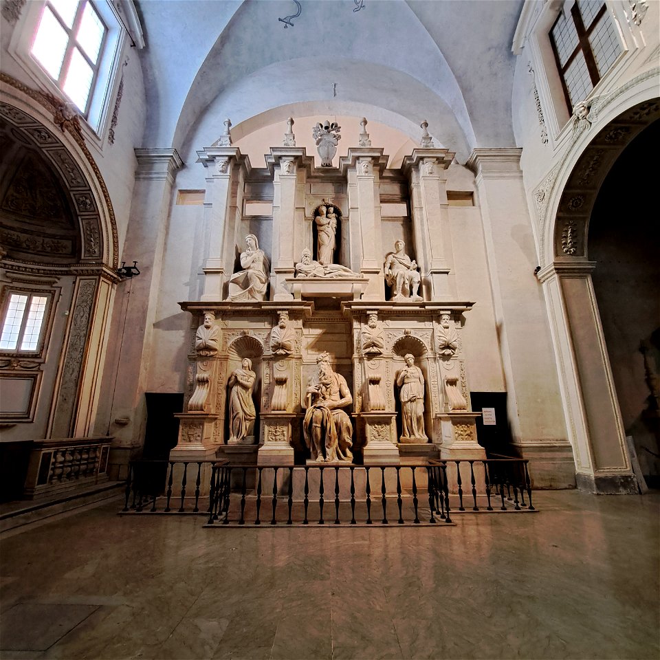 Full view Michelangelo's Moses CSculpture and tomb of a pope Basilica di San Pietro in Vincoli Rome Italy