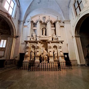 Full view Michelangelo's Moses CSculpture and tomb of a pope Basilica di San Pietro in Vincoli Rome Italy