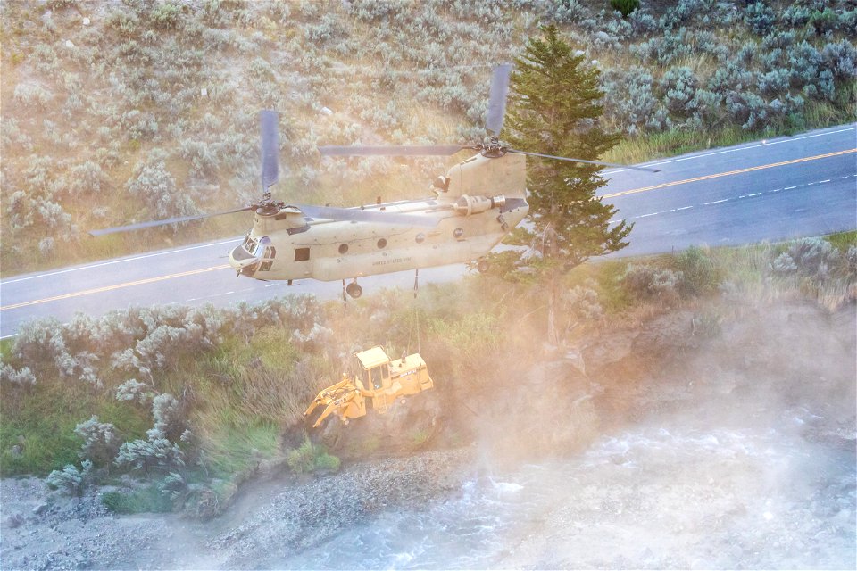 Yellowstone Flood Recovery: Loader removal from North Entrance Road in Gardner Canyon by the Montana Army National Guard