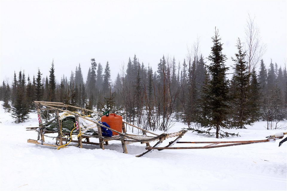 A wooden basket sled with supplies in a snowy spruce forest