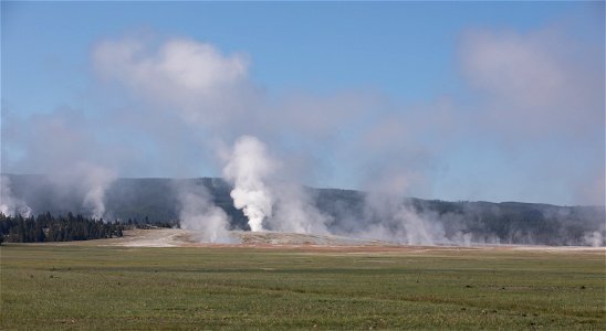 Morning light on steam in the Lower Geyser Basin photo