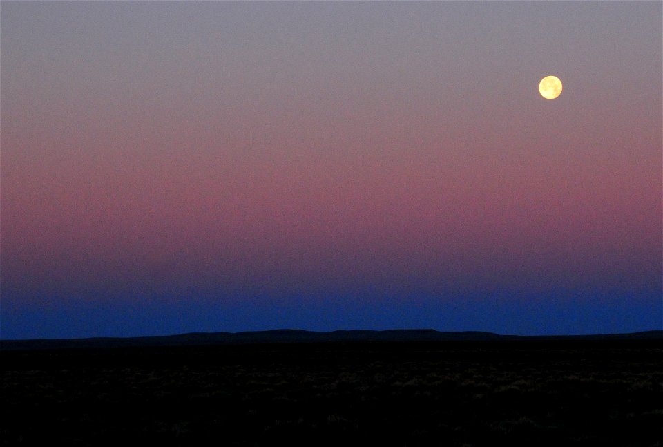 Strawberry moon setting over sage steppe at Seeskadee National Widlife Refuge Wyoming