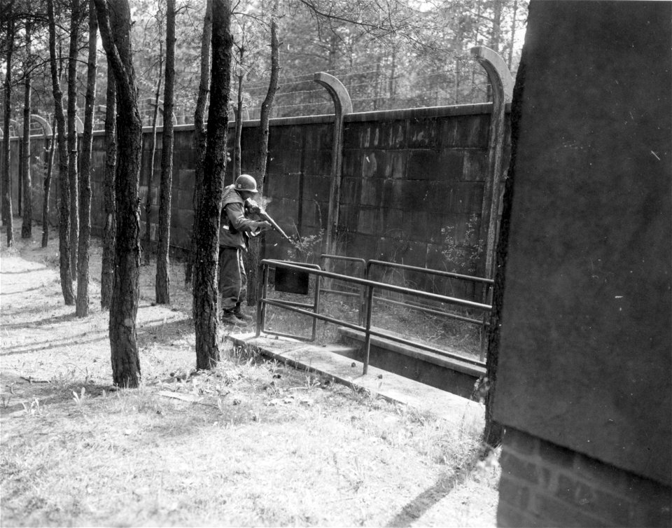 SC 270644 - Infantryman fires his M1 down the steps into the cellar of a building in Nurnberg to route out Germans reported to be hiding there.