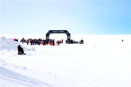 At the start of the women's snowmachine race in Kotzebue.