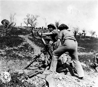 SC 374850 - 3 inch mortar crew of the Jewish Inf. Brigade preparing to open fire. 30 March, 1945. Pideura area, Italy. photo