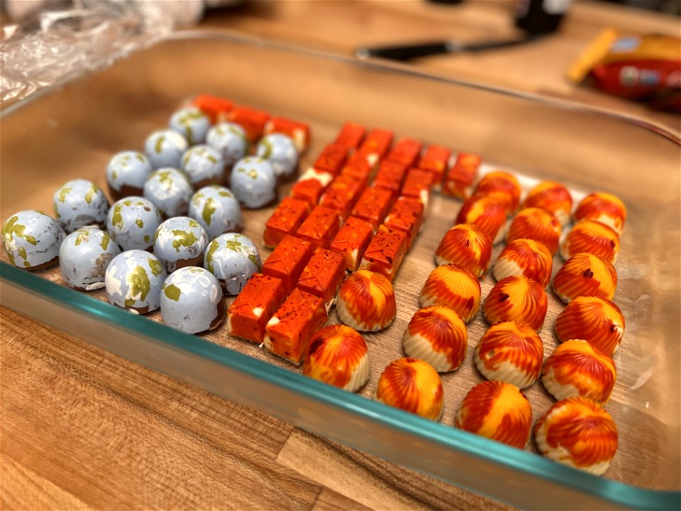 “Planet” Bon Bons with Fleur de Sel Caramel, Champagne Ganache and Tea and Biscuit Ganache