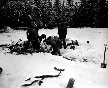 SC 364537 - Mortar squad of the 83rd Division, First U.S. Army, digs a position for 4.2 mortars in the snow and frozen ground of Ronce Woods.