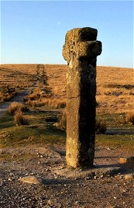 Sunrise, Moon, Nun's Cross ( Siward's Cross ), Princetown , Dartmoor National Park, Devon , UK . 23rd March 2022