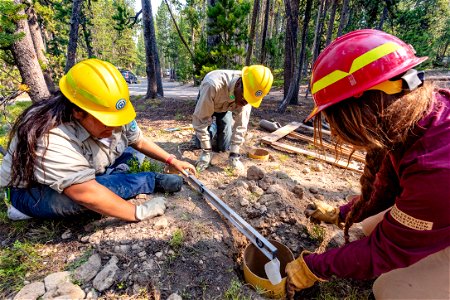 YCC Alpha Crew 2021 Canyon Campground bear box installation: leveling concrete form tubes