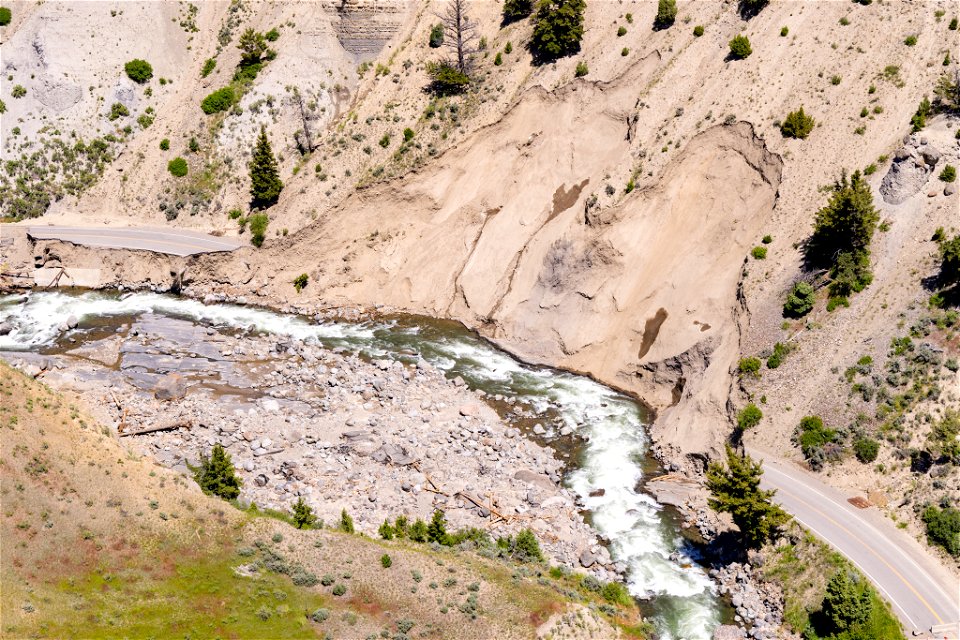 Yellowstone flood event 2022: North Entrance Road in Gardner River Canyon