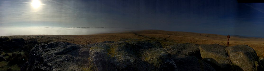Dartmoor Pony, Perambulation Marker Point ( Excalibur / Cobra Legend ) , Rolling Mist, South Hessary Tor, Princetown, Dartmoor National Park, Devon, UK. 17th April 2022 (Apple Ipod Panoramic Photo)
