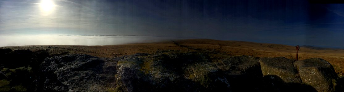 Dartmoor Pony, Perambulation Marker Point ( Excalibur / Cobra Legend ) , Rolling Mist, South Hessary Tor, Princetown, Dartmoor National Park, Devon, UK. 17th April 2022 (Apple Ipod Panoramic Photo)