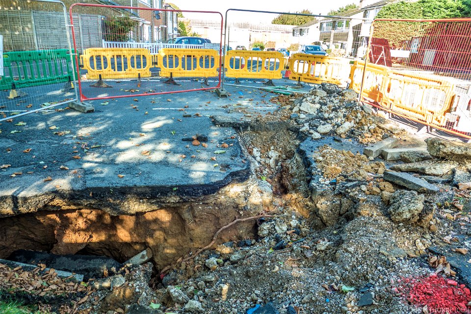 Sink Hole Hildenborough Crescent Allington Maidstone. Hole goes under the road.