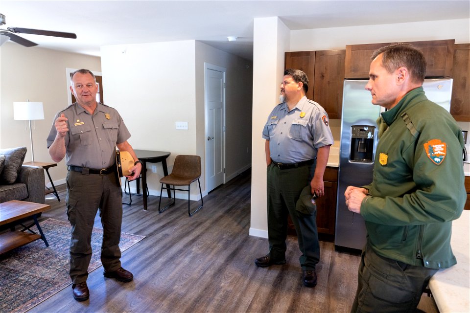 Yellowstone flood event 2022: Superintendent, Cam Sholly, and NPS Director Chuck Sams speak with Favilities Chief, Duane Bubac, about new employee housing
