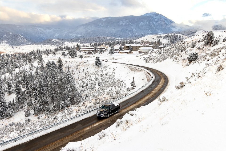 New road alignment into Mammoth after a snowstorm