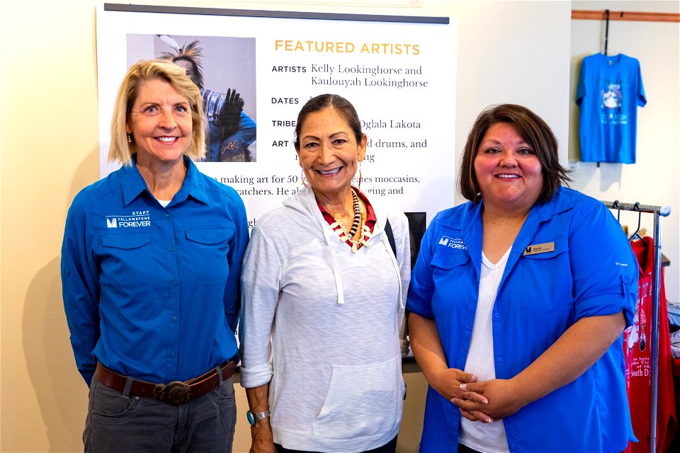 Yellowstone flood event 2022: Secretary Haaland and Yellowstone Forever President & CEO, Lisa Diekmann,  and Yellowstone Tribal Heritage Center coordinator, Alyssa McGeeley