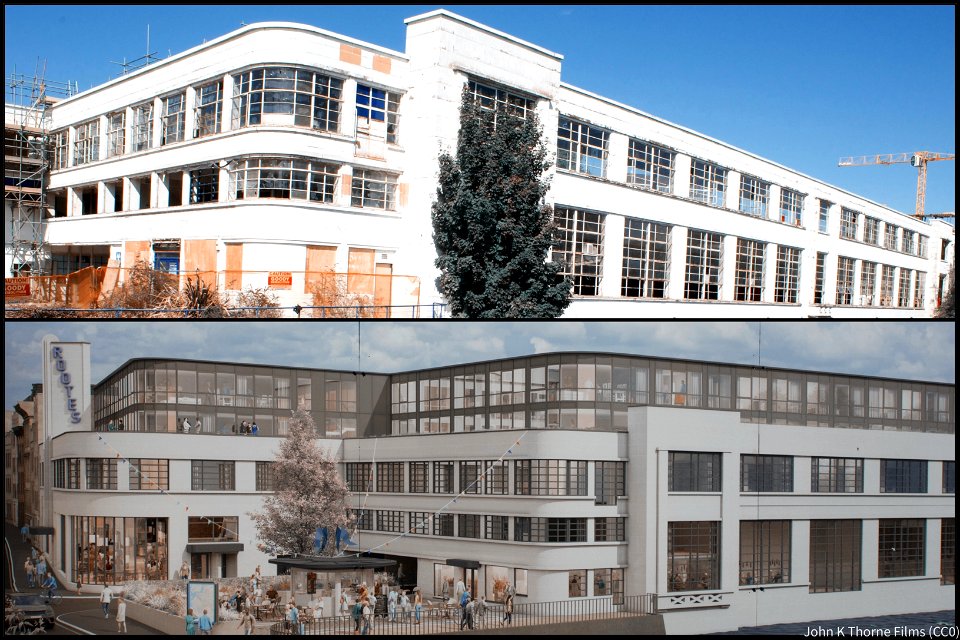 Rootes Building Maidstone. Top photo shell of the original building as of 31/08/2022 bottom photo an artists image of how it should look in a few years. Note window frames white to black. Extra floors added. Grade 2 listed building