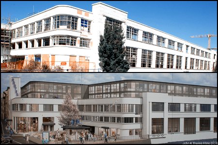 Rootes Building Maidstone. Top photo shell of the original building as of 31/08/2022 bottom photo an artists image of how it should look in a few years. Note window frames white to black. Extra floors added. Grade 2 listed building