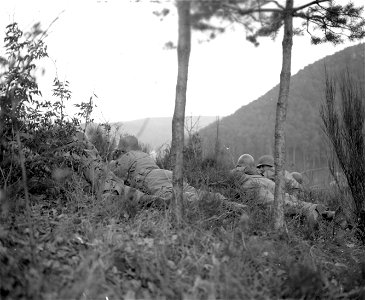 SC 374827 - Members of an American patrol reach crest of hill overlooking the enemy-held town of Eguelshardt, France. photo