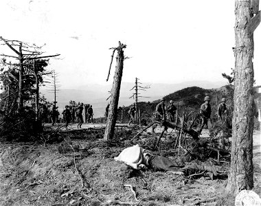 SC 337396 - Infantrymen marching over an area in the the Gothic Line smashed by our artillery. North of Ponzalla, Italy. 19 September, 1944. photo