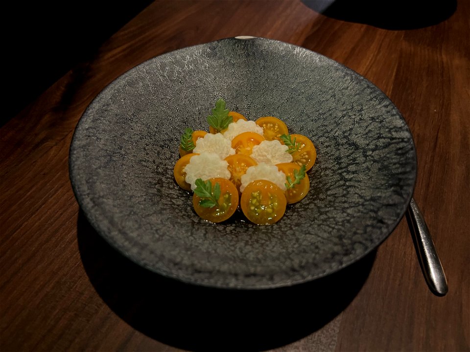 Sungold Tomatoes with Hijiki XO, Rice Vinegar & Citrus Marigold