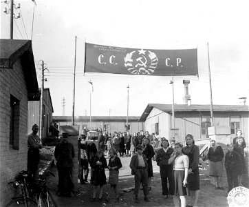 SC 195541 - Entrance to the camp where Russian refugees, released from Nazi yoke in Luxembourg, await return to Russia. 1 October, 1944.
