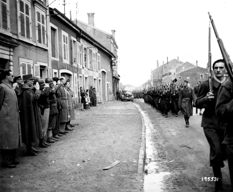 SC 195531 - The first French regiment of Paris, France, recently organized and put in uniform, passes in review. 2 October, 1944.
