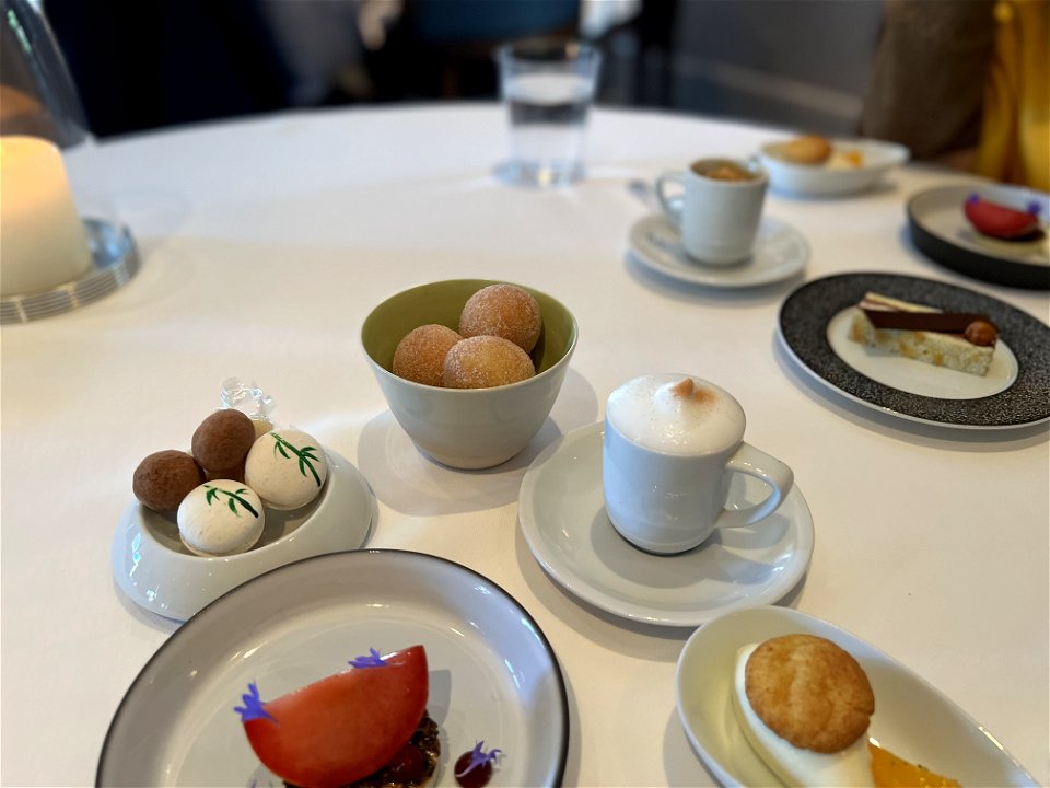 Desserts, Macarons, Cappuccino Semifreddo and Cinnamon Sugar Donuts "Coffee and Donuts"