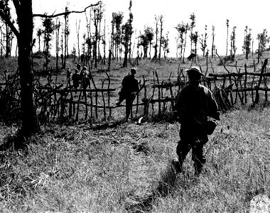 SC 374815 - An American patrol of the 3rd Bn., I & D Pl., moves from its position atop a hill a mile from the Burma road to observe the road at a close range.