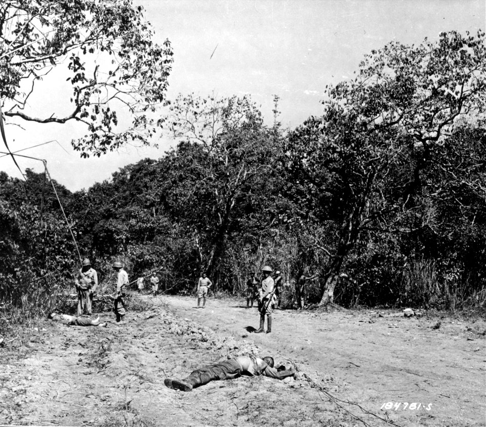 SC 184781-S - Three dead Japs lay sprawling on a road which had been repaired by them before their retreat from this sector of China, Burma, India Theater.